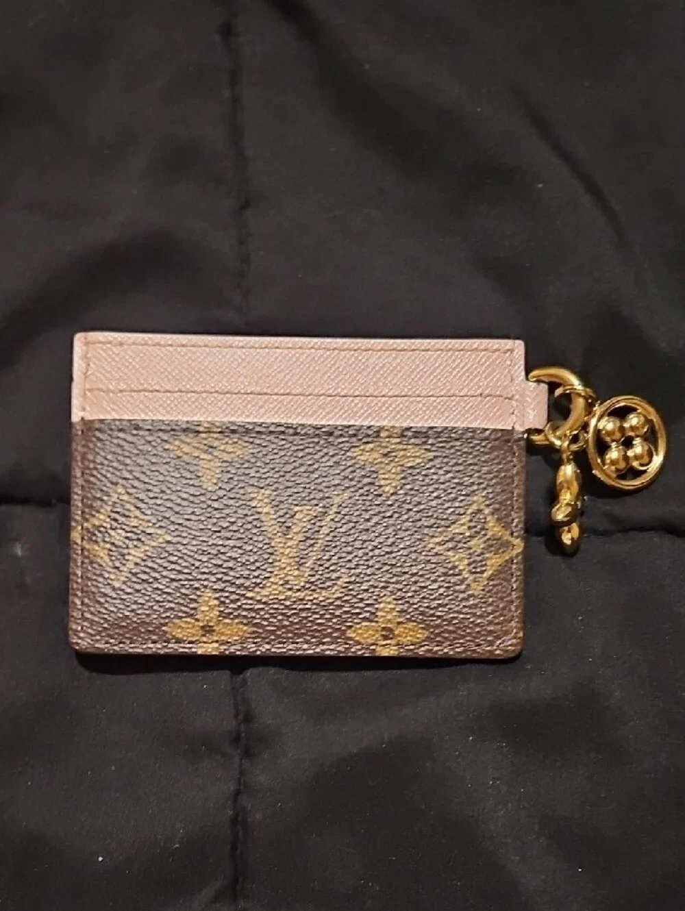 Louis Vuitton Brown Monogram Card Holder with Pink Trim and Gold Charm